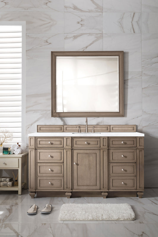 Bristol 60" Single Vanity, Whitewashed Walnut w/ 3 CM Arctic Fall Solid Surface Top