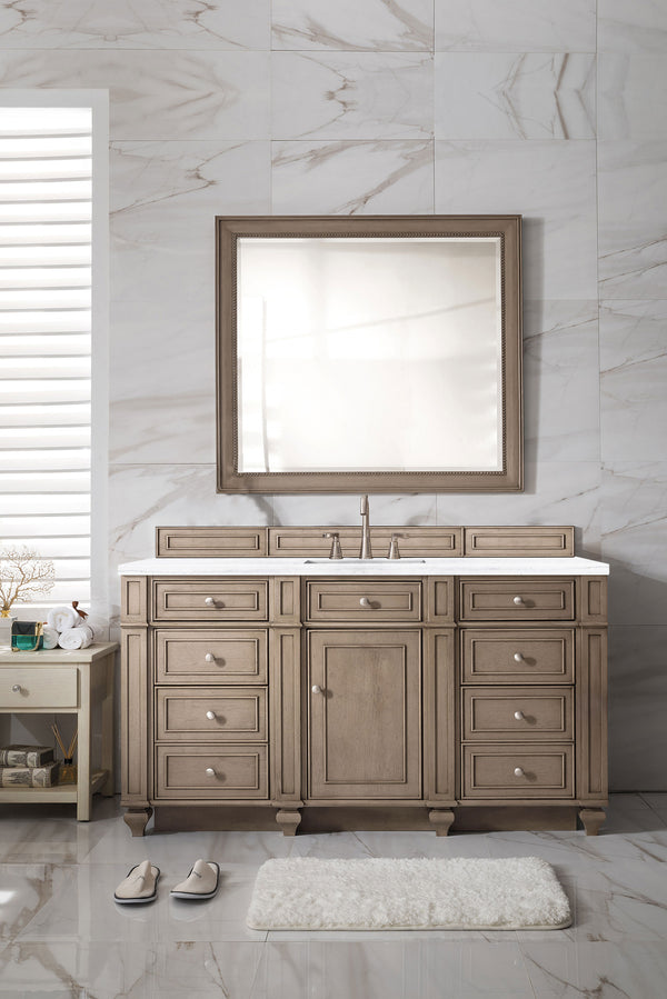 Bristol 60 Single Vanity, Whitewashed Walnut w/ 3 CM Arctic Fall Solid Surface Top