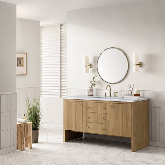 Hudson 60" Single Vanity, Light Natural Oak w/ 3 CM Carrara Marble Top