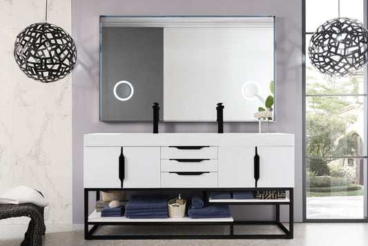 Columbia 72" Double Vanity, Glossy White, Matte Black w/ Glossy White Composite Stone Top