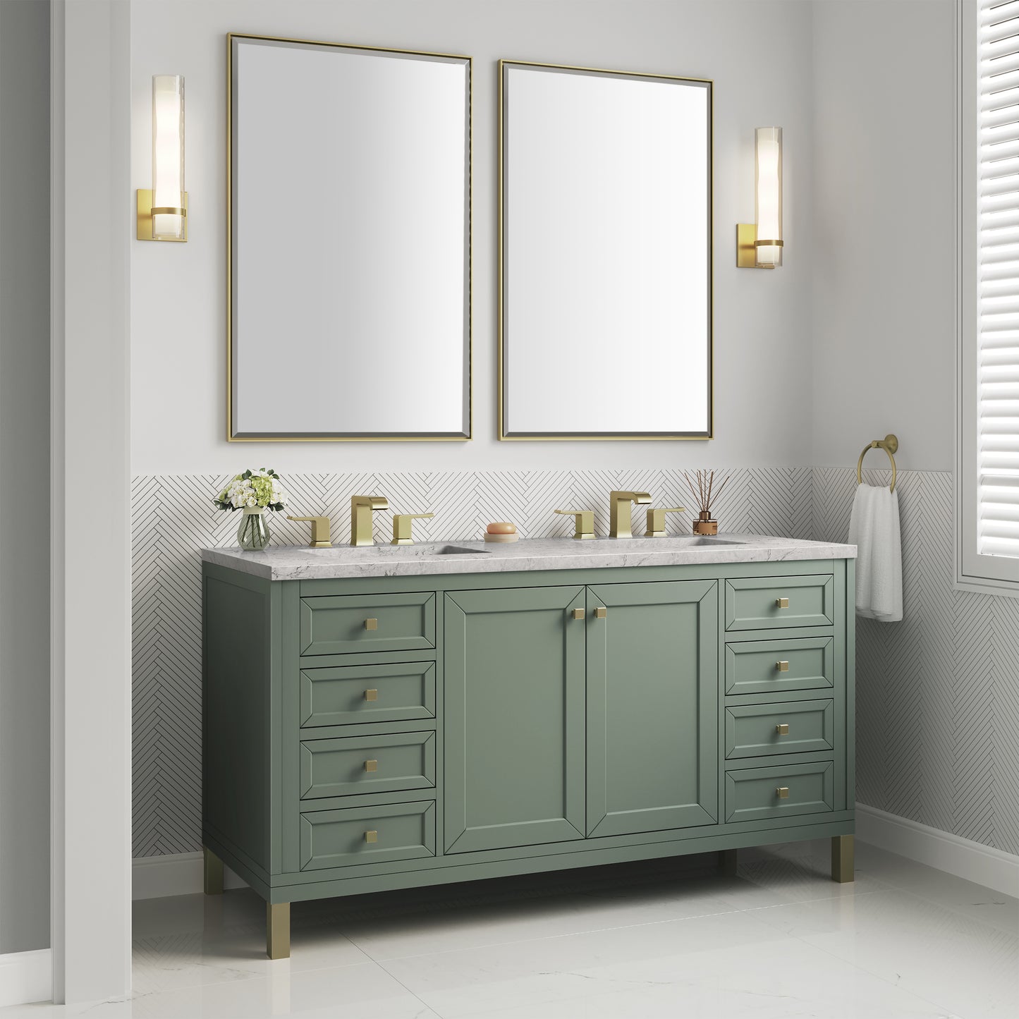 Chicago 60" Double Vanity, Smokey Celadon w/ 3 CM Eternal Jasmine Pearl Top