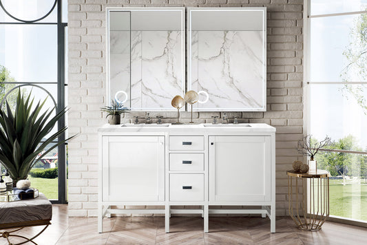 Addison 60" Double Vanity, Glossy White w/ 3 CM Carrara White Top