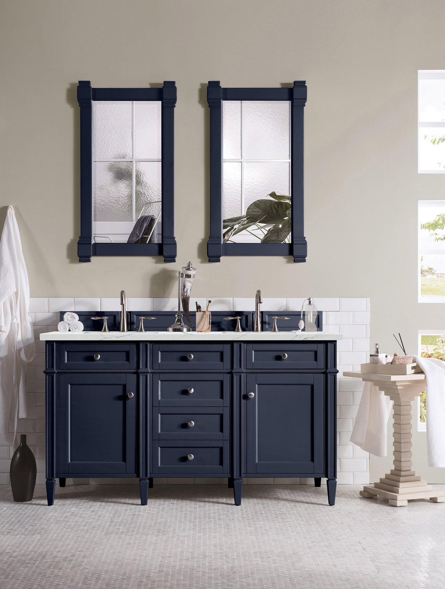 Brittany 60" Double Vanity, Victory Blue w/ 3 CM Ethereal Noctis Quartz Top