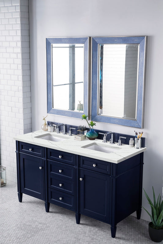 Brittany 60" Double Vanity, Victory Blue w/ 3 CM Ethereal Noctis Quartz Top