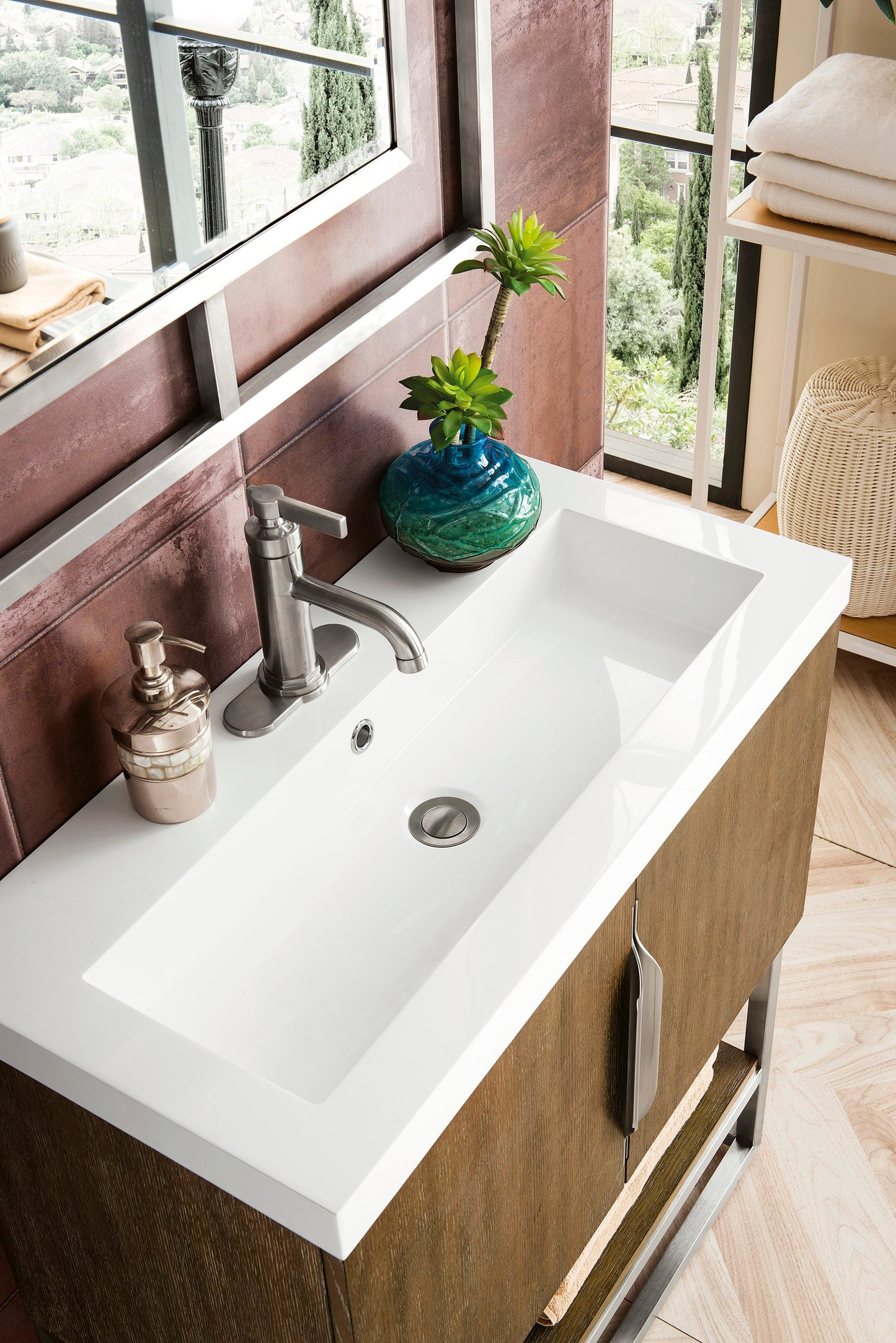 Columbia 31.5" Single Vanity, Latte Oak, Brushed Nickel, w/ White Glossy Composite Stone Top