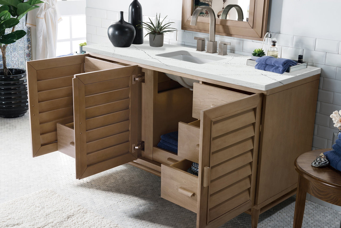 Portland 60" Single Vanity Whitewashed Walnut w/ 3 CM Ethereal Noctis Quartz Top