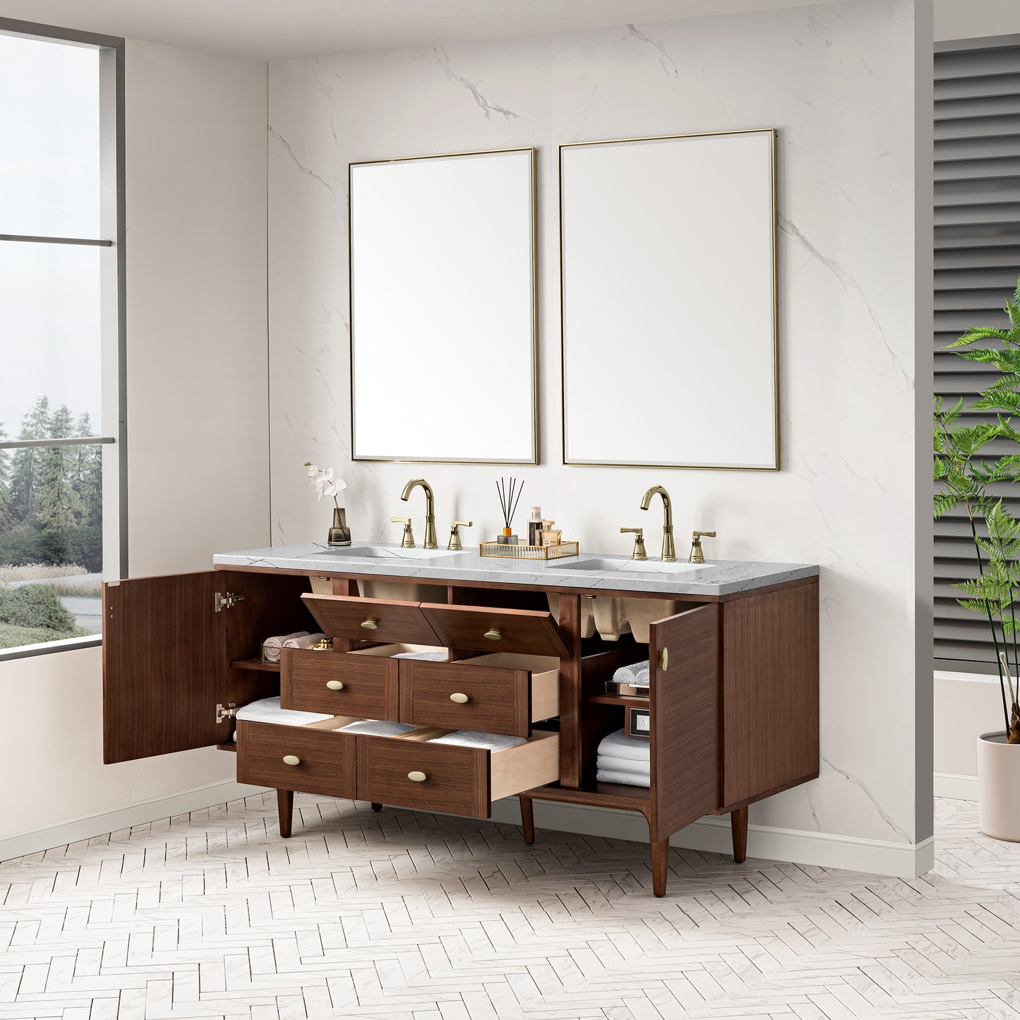 Amberly 72" Double Vanity, Mid-Century Walnut w/ 3 CM Ethereal Noctis Top