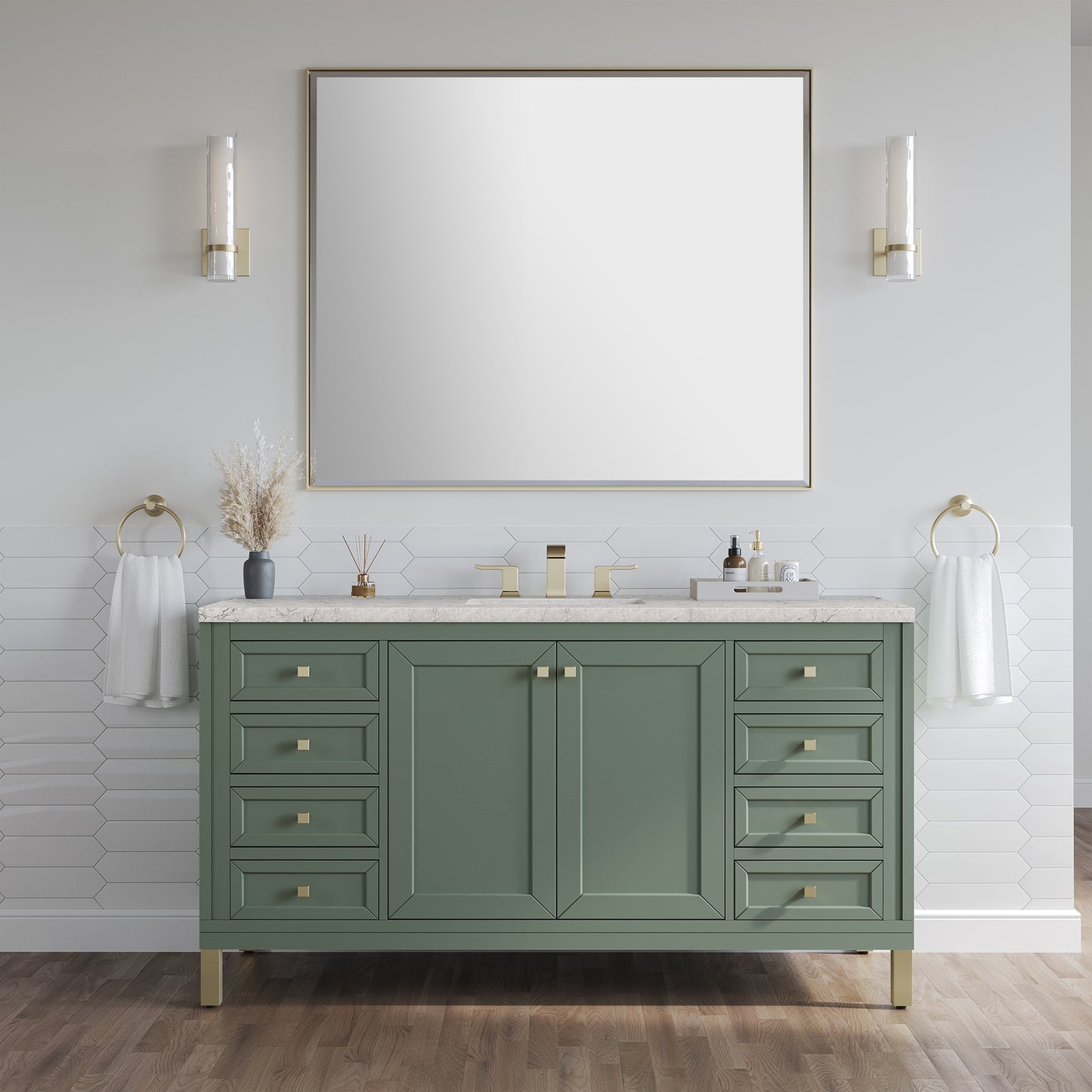 Chicago 60" Single Vanity, Smokey Celadon w/ 3 CM Eternal Jasmine Pearl Top