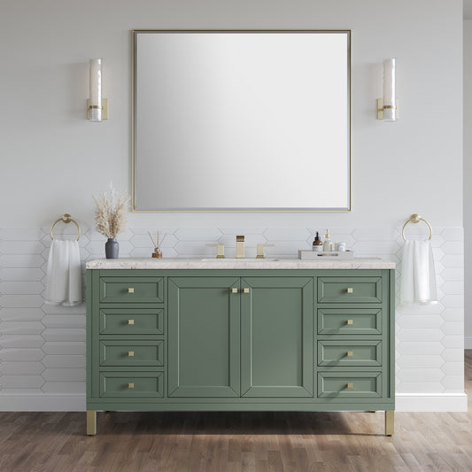 Chicago 60" Single Vanity, Smokey Celadon w/ 3 CM Eternal Jasmine Pearl Top