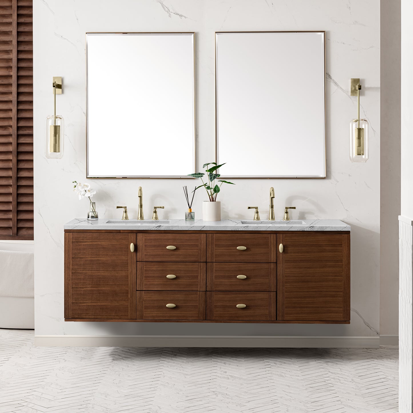 Amberly 72" Double Vanity, Mid-Century Walnut w/ 3 CM Ethereal Noctis Top