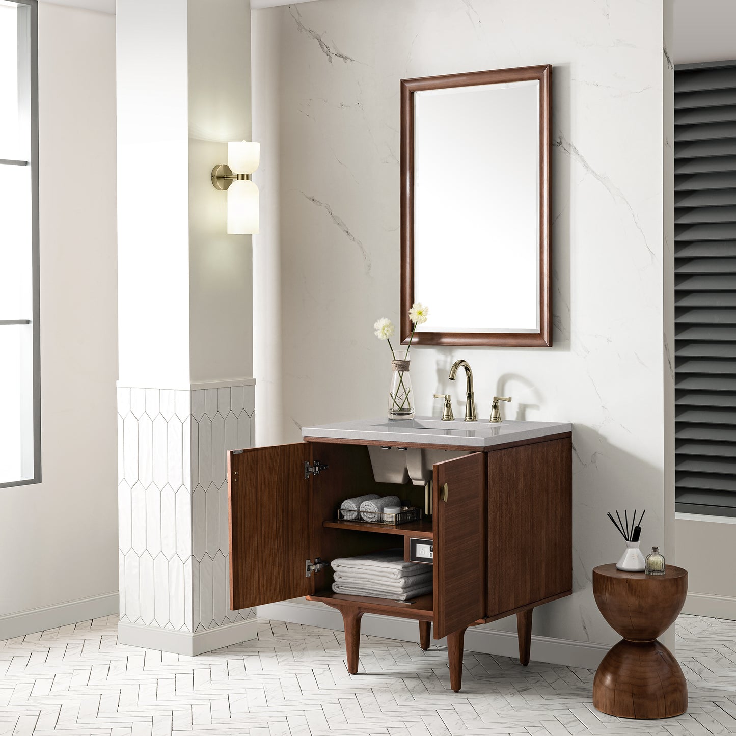 Amberly 30" Single Vanity, Mid-Century Walnut w/ 3 CM Eternal Serena Top