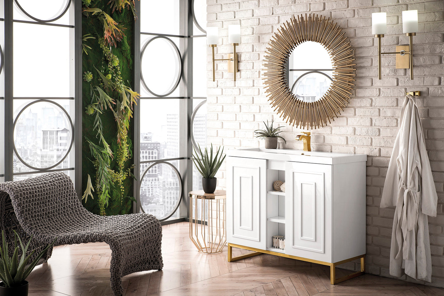 Alicante 39.5" Single Vanity, Glossy White, Radiant Gold w/ White Glossy Composite Stone Top