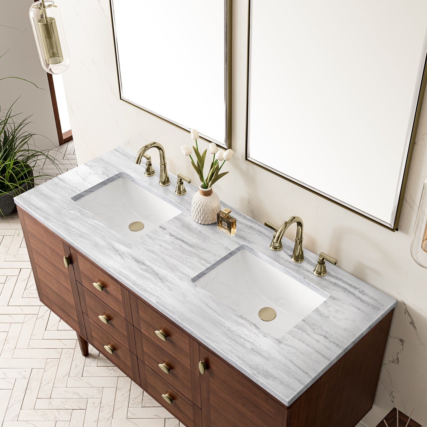 Amberly 60" Double Vanity, Mid-Century Walnut w/ 3 CM Arctic Fall Top