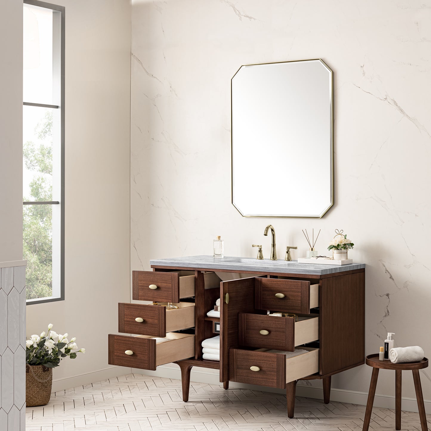 Amberly 48" Single Vanity, Mid-Century Walnut w/ 3 CM Arctic Fall Top