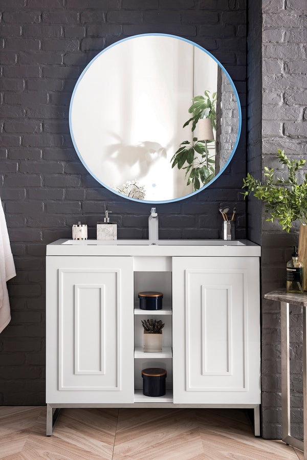 Alicante 39.5 Single Vanity, Glossy White, Brushed Nickel w/ White Glossy Composite Stone Top