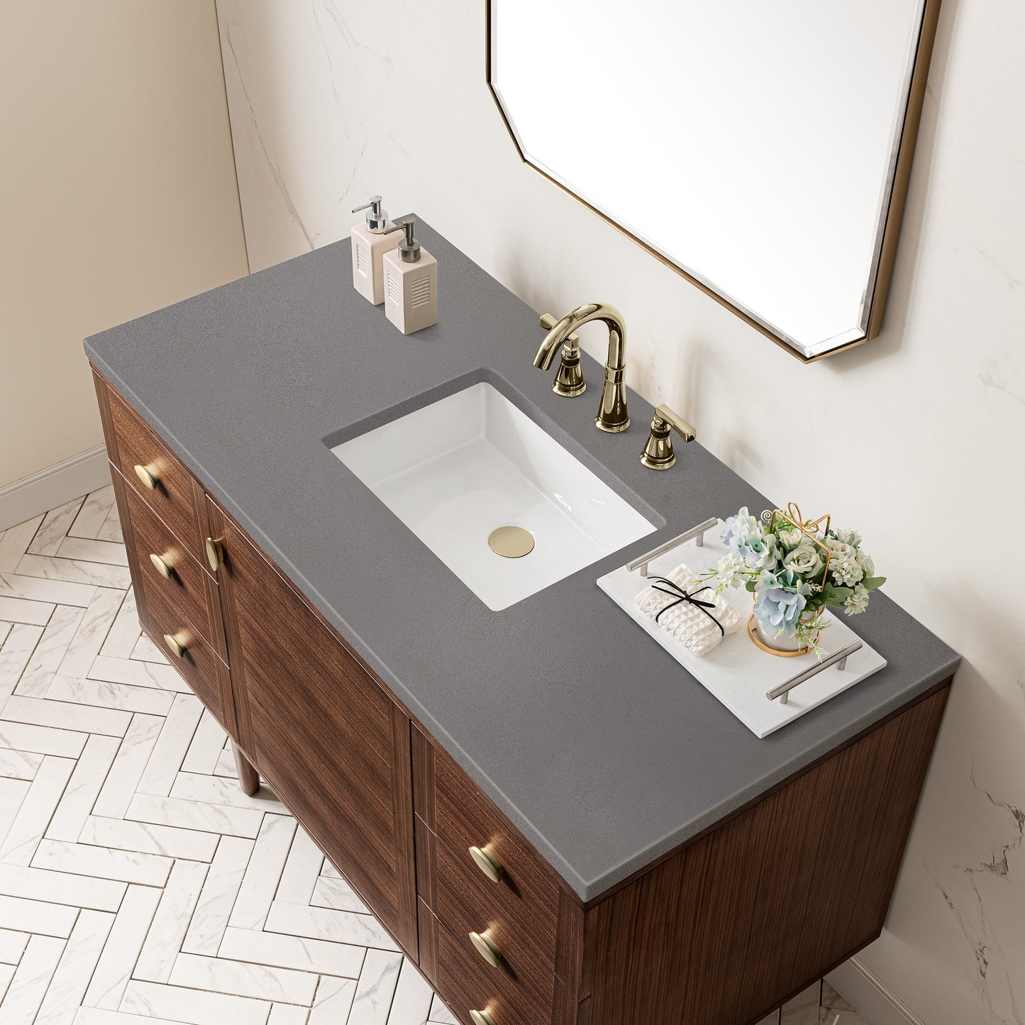 Amberly 48" Single Vanity, Mid-Century Walnut w/ 3 CM Grey Expo Top