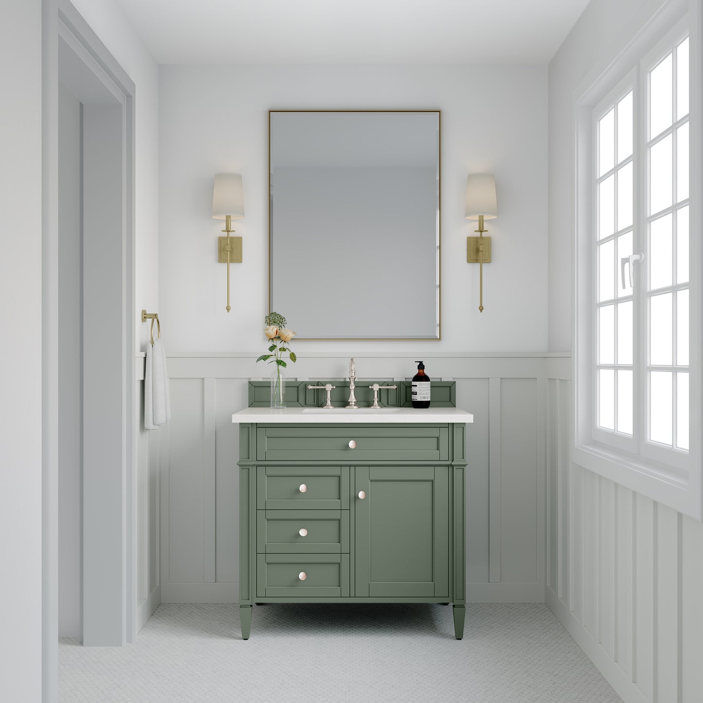 Brittany 36" Single Vanity, Smokey Celadon w/ 3 CM White Zeus Top