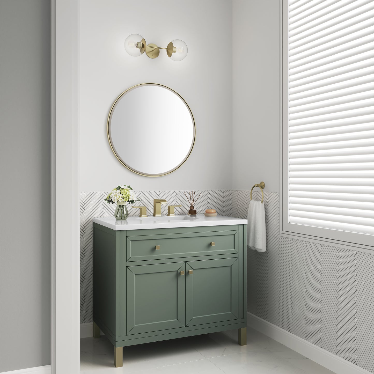 Chicago 36" Single Vanity, Smokey Celadon w/ 3 CM White Zeus Top