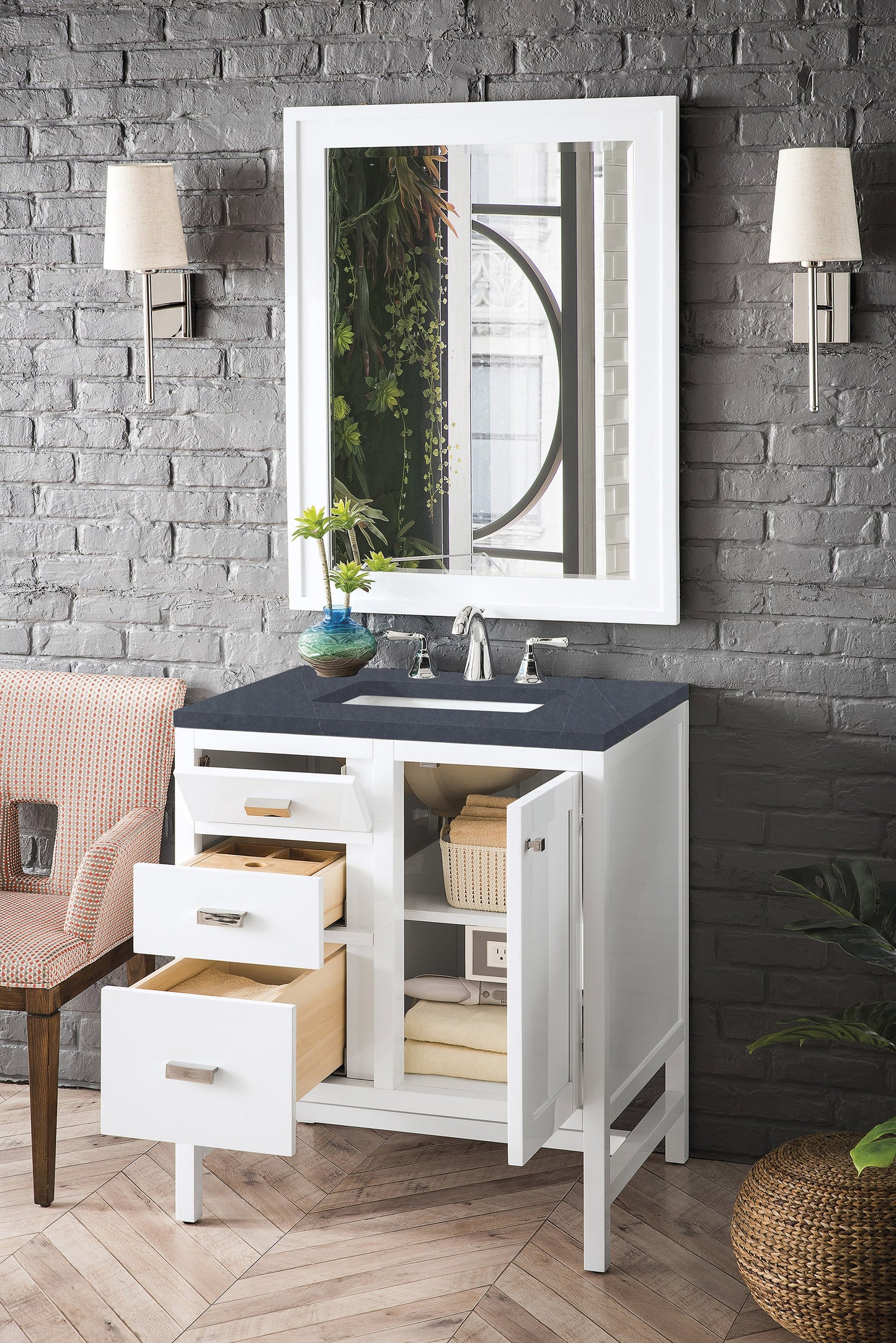 Addison 30" Single Vanity, Glossy White w/ 3 CM Charcoal Soapstone Quartz Top