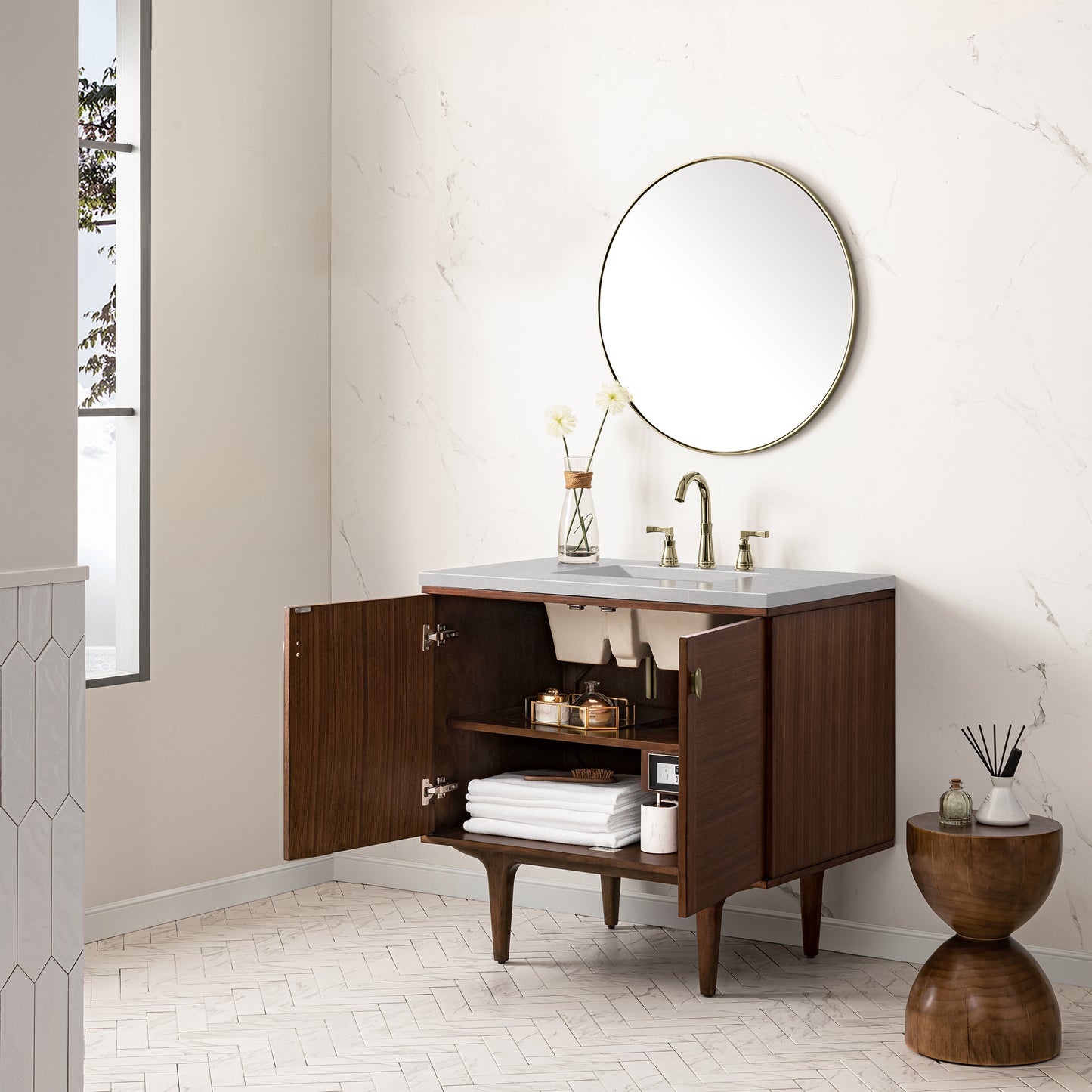 Amberly 36" Single Vanity, Mid-Century Walnut w/ 3 CM Eternal Serena Top