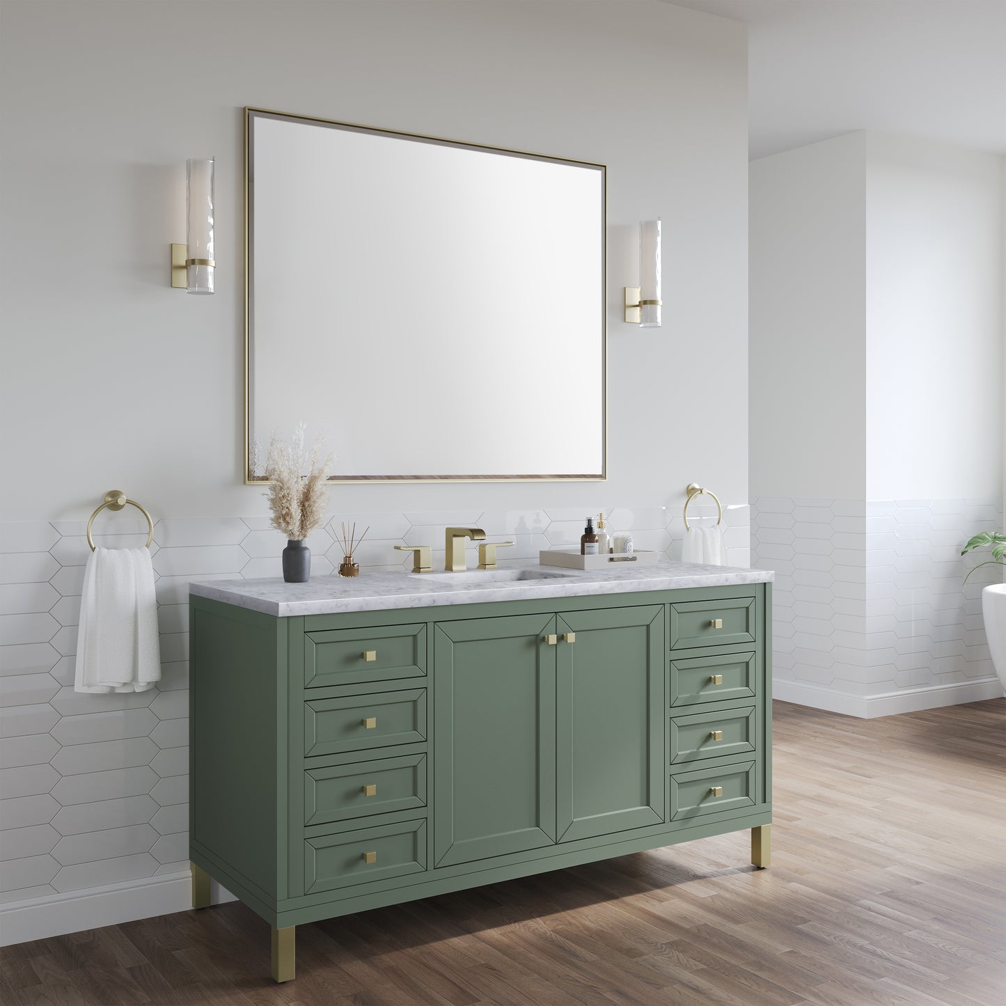 Chicago 60" Single Vanity, Smokey Celadon w/ 3 CM Carrara Marble Top