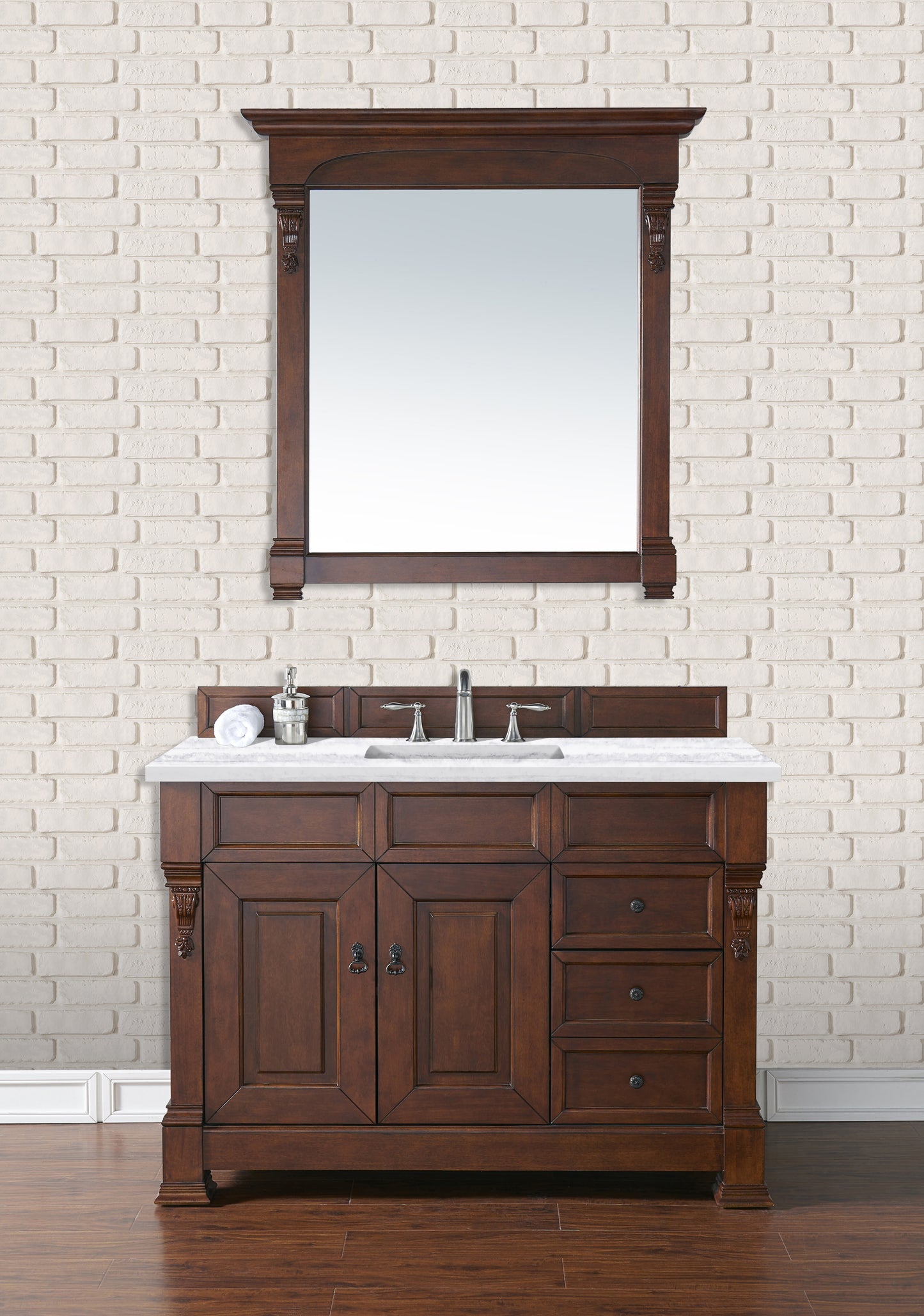 Brookfield 48" Single Vanity, Warm Cherry w/ 3 CM Arctic Fall Solid Surface Top