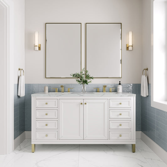 Chicago 60" Double Vanity, Glossy White w/ 3 CM Ethereal Noctis Top