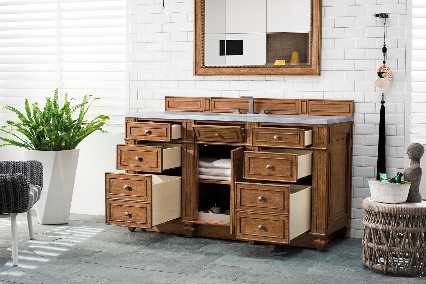 Bristol 60" Single Vanity, Saddle Brown w/ 3 CM Carrara Marble Top