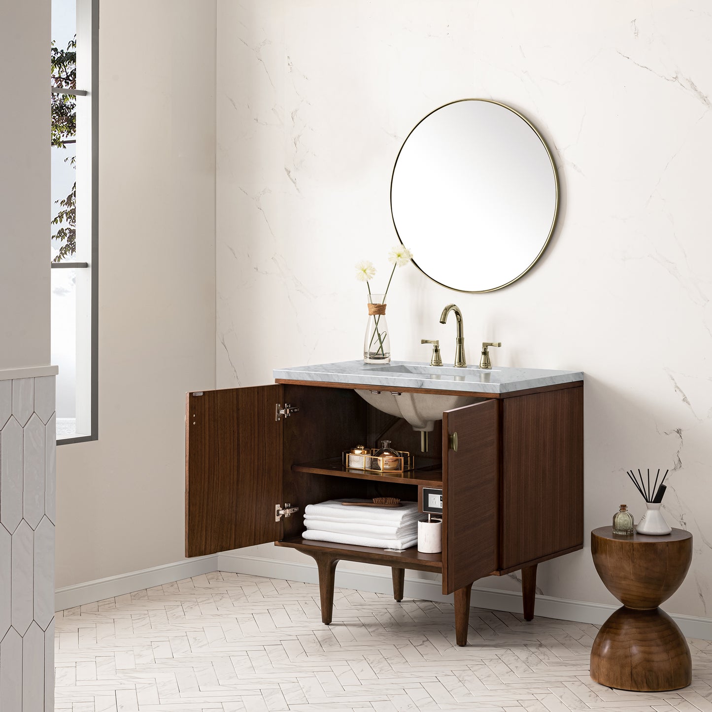 Amberly 36" Single Vanity, Mid-Century Walnut w/ 3 CM Carrara Marble Top