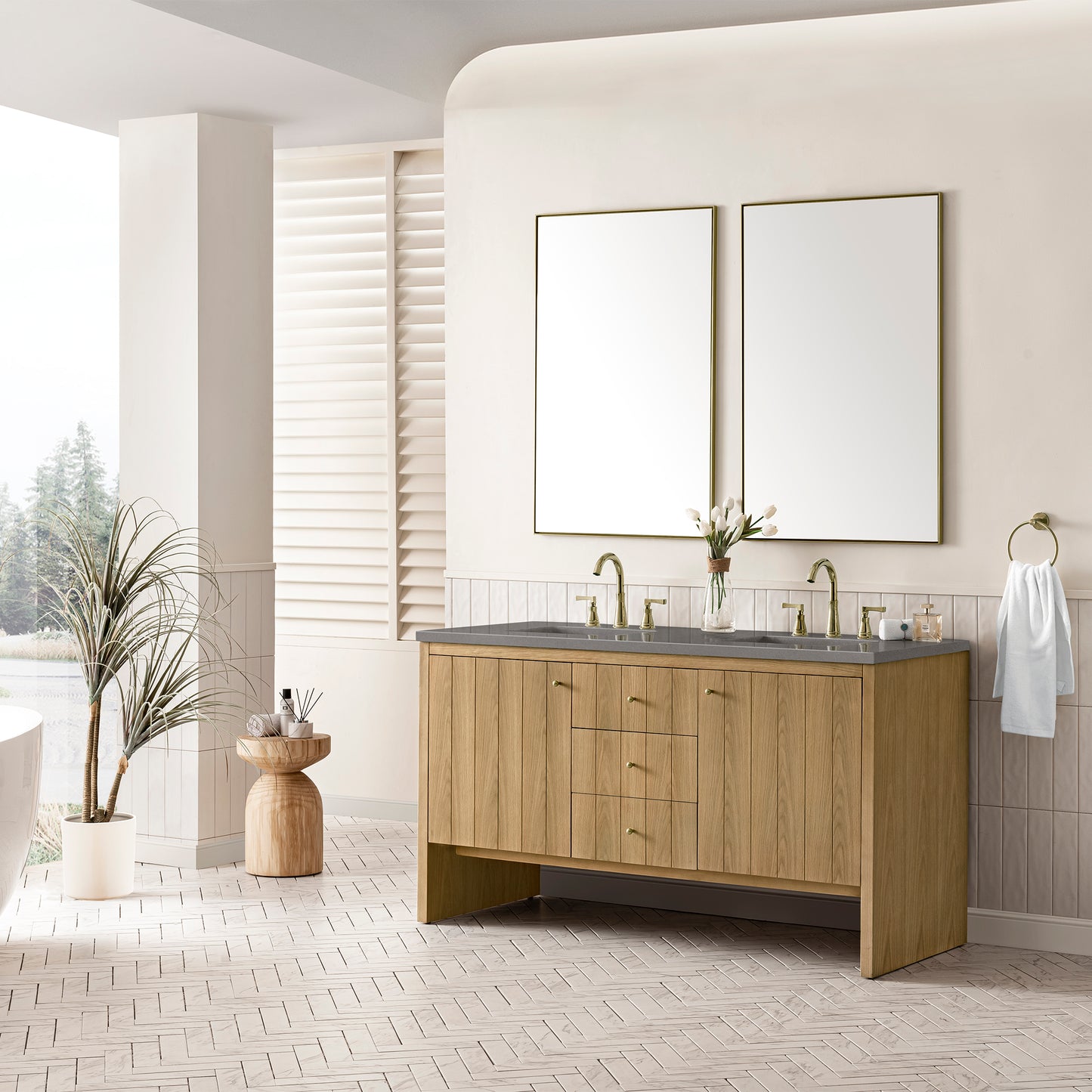 Hudson 60" Double Vanity, Light Natural Oak w/ 3 CM Grey Expo Top