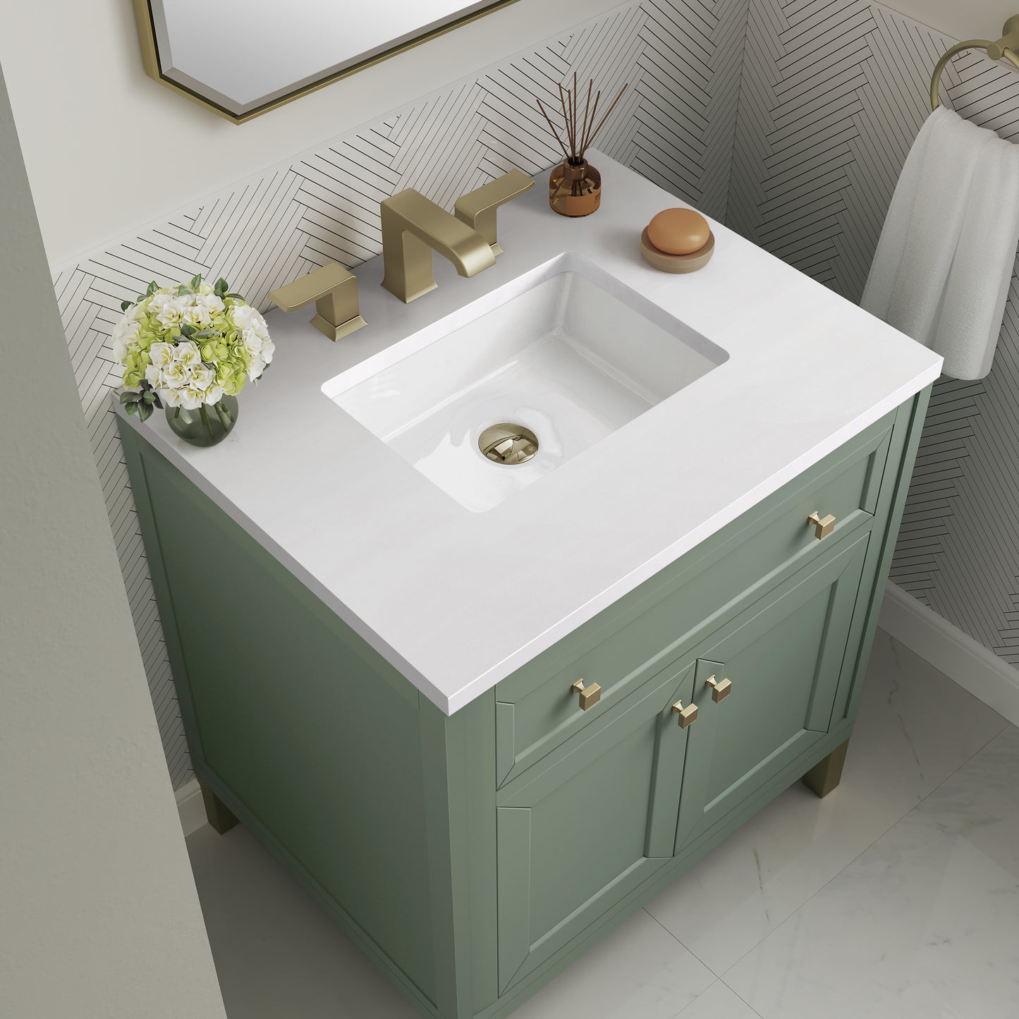 Chicago 30" Single Vanity, Smokey Celadon w/ 3 CM White Zeus Top