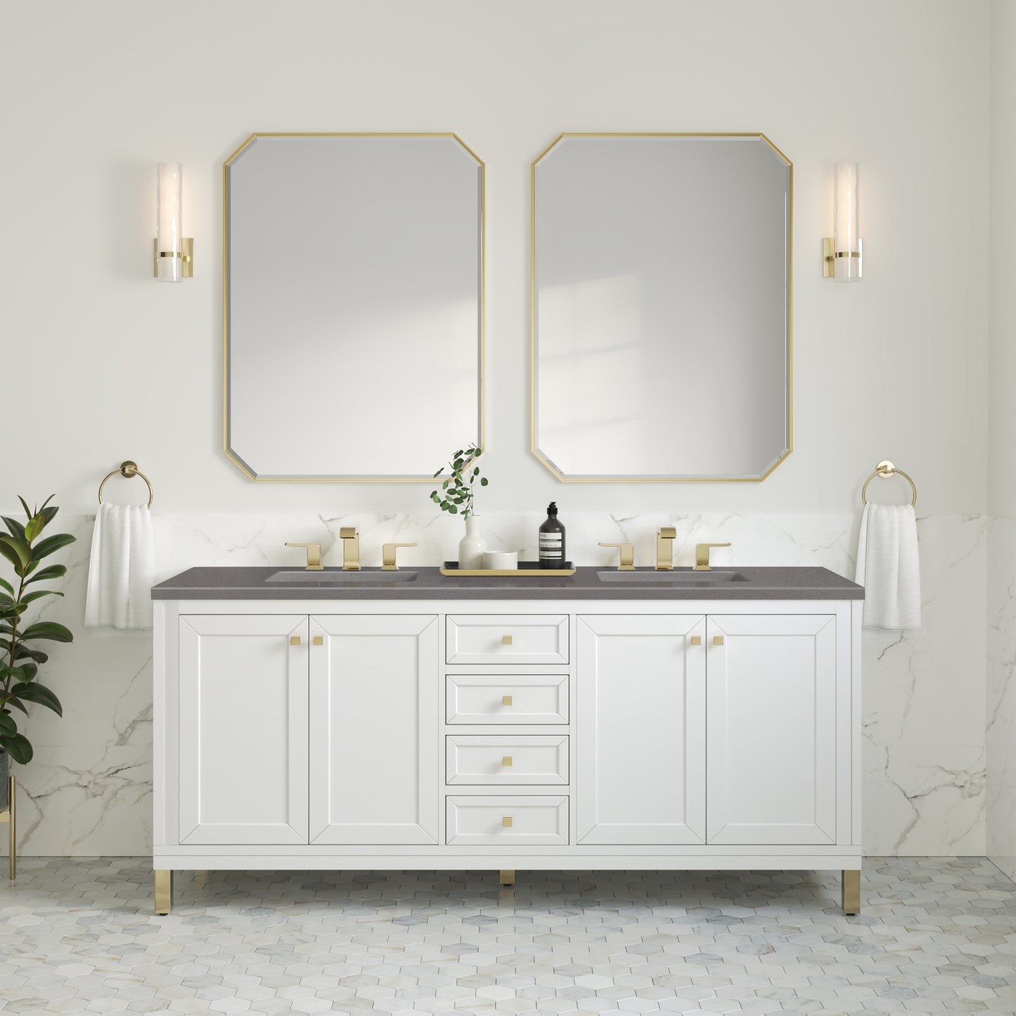 Chicago 72" Double Vanity, Glossy White w/ 3 CM Grey Expo Top