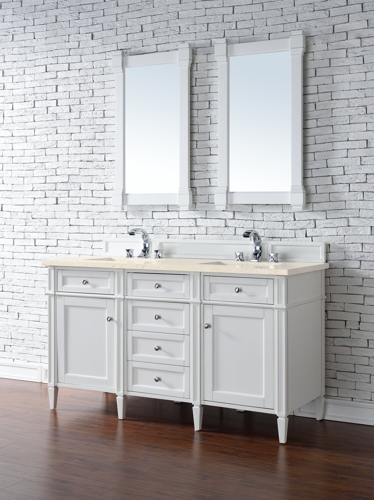 Brittany 60" Double Vanity, Bright White Vanity w/ 3 CM Eternal Marfil Quartz Top