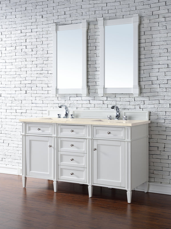 Brittany 60 Double Vanity, Bright White Vanity w/ 3 CM Eternal Marfil Quartz Top