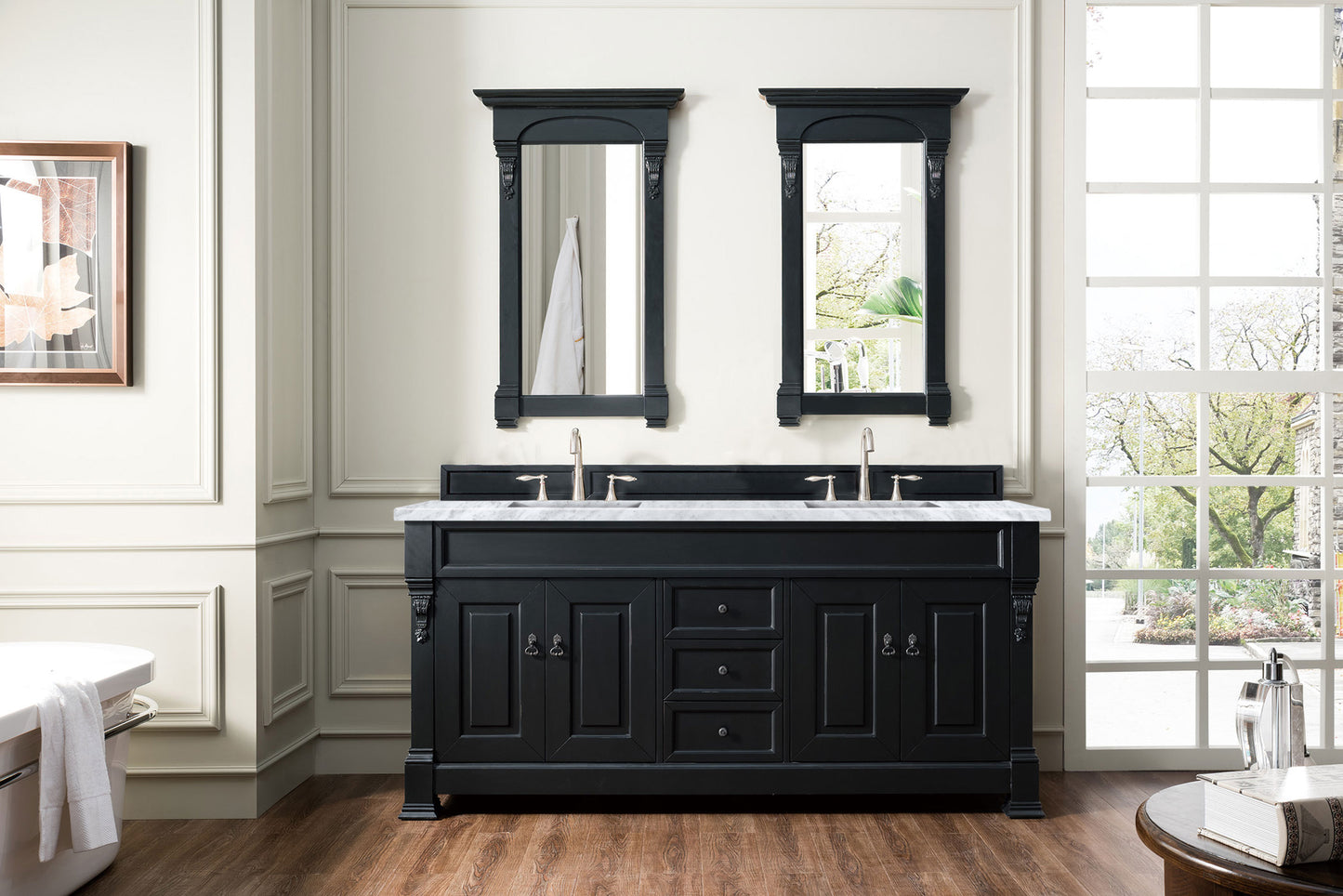 Brookfield 72" Double Vanity, Antique Black w/ 3 CM Carrara Marble Top