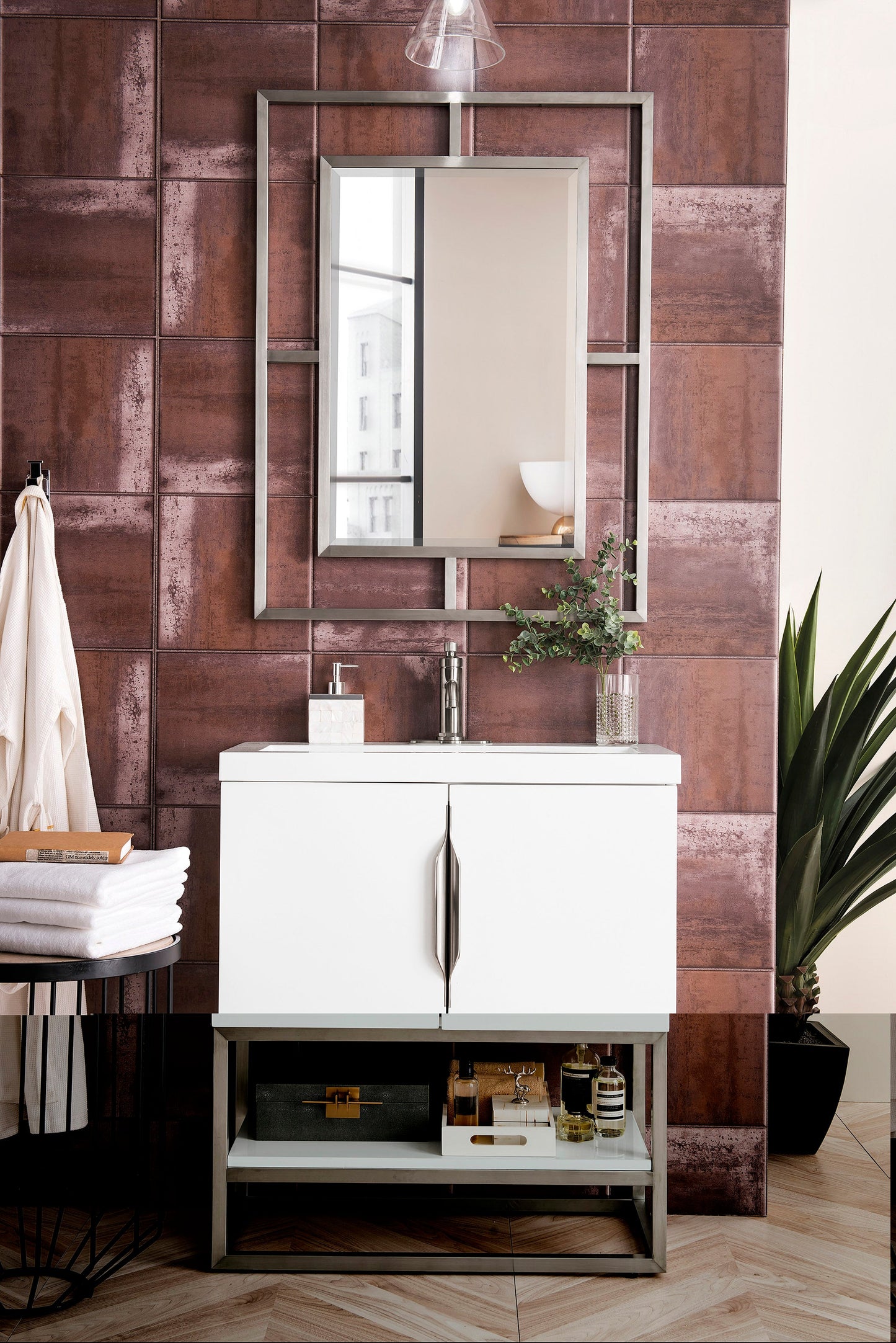 Columbia 31.5" Single Vanity, Glossy White, Brushed Nickel, w/ White Glossy Composite Stone Top