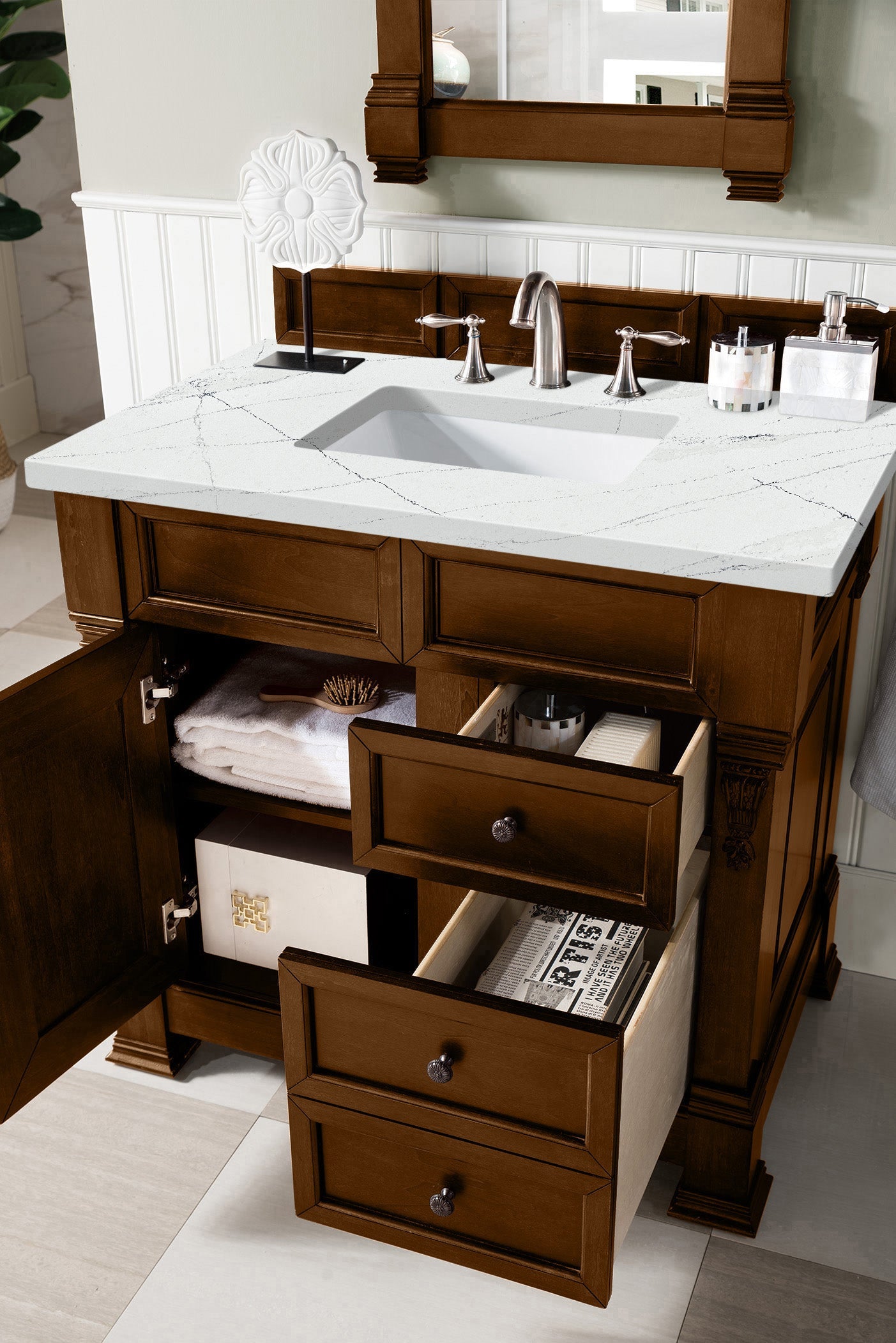 Brookfield 36" Single Vanity, Country Oak w/ 3 CM Ethereal Noctis Quartz Top