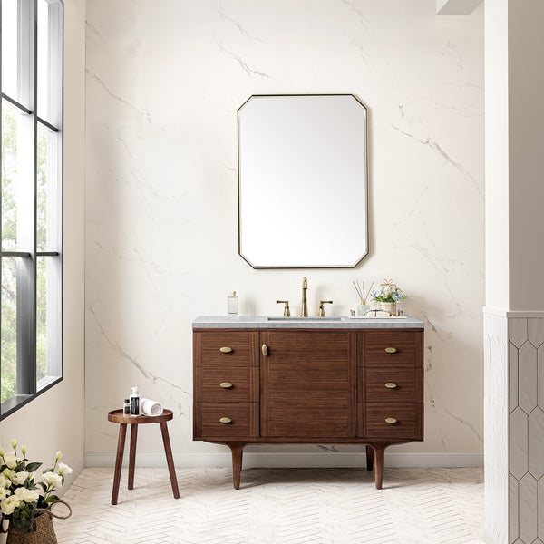 Amberly 48 Single Vanity, Mid-Century Walnut w/ 3 CM Carrara Marble Top