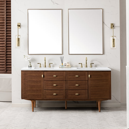 Amberly 72" Double Vanity, Mid-Century Walnut w/ 3 CM White Zeus Top