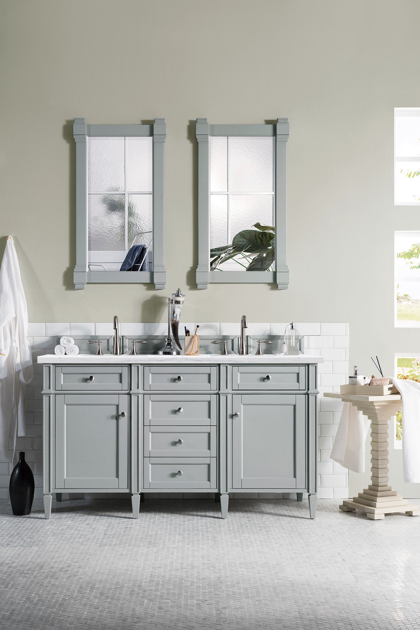 Brittany 60" Double Vanity, Urban Gray w/ 3 CM Arctic Fall Solid Surface Top