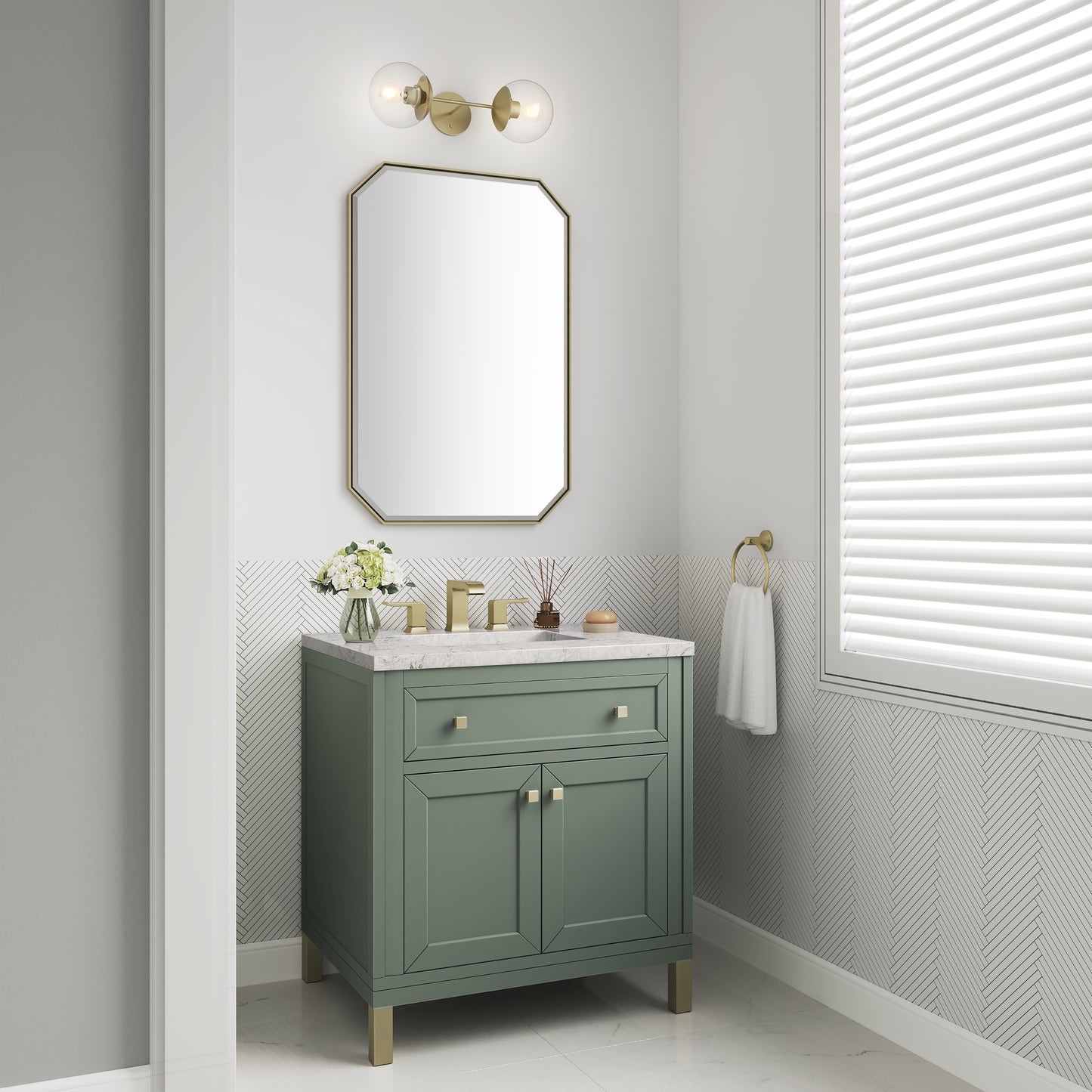 Chicago 30" Single Vanity, Smokey Celadon w/ 3 CM Eternal Jasmine Pearl Top