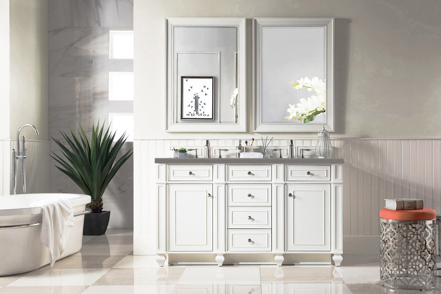 Bristol 60" Double Vanity, Bright White w/ 3 CM Grey Expo Quartz Top