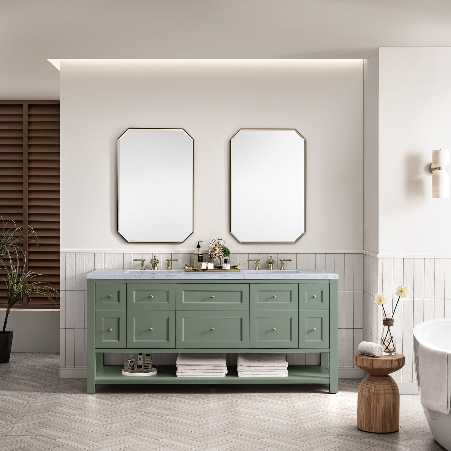 Breckenridge 72" Double Vanity, Smokey Celadon w/ 3 CM Carrara Marble Top