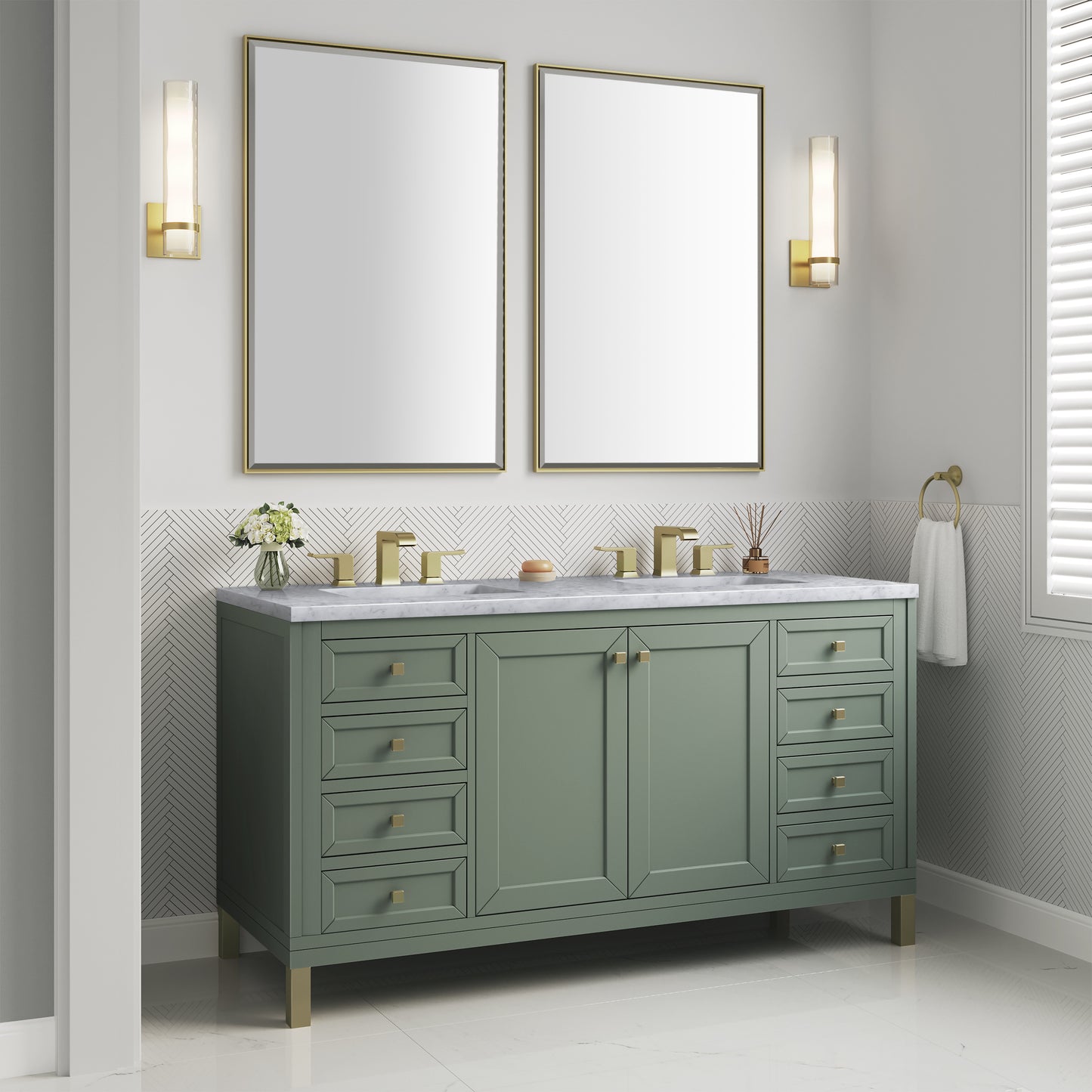 Chicago 60" Double Vanity, Smokey Celadon w/ 3 CM Carrara Marble Top