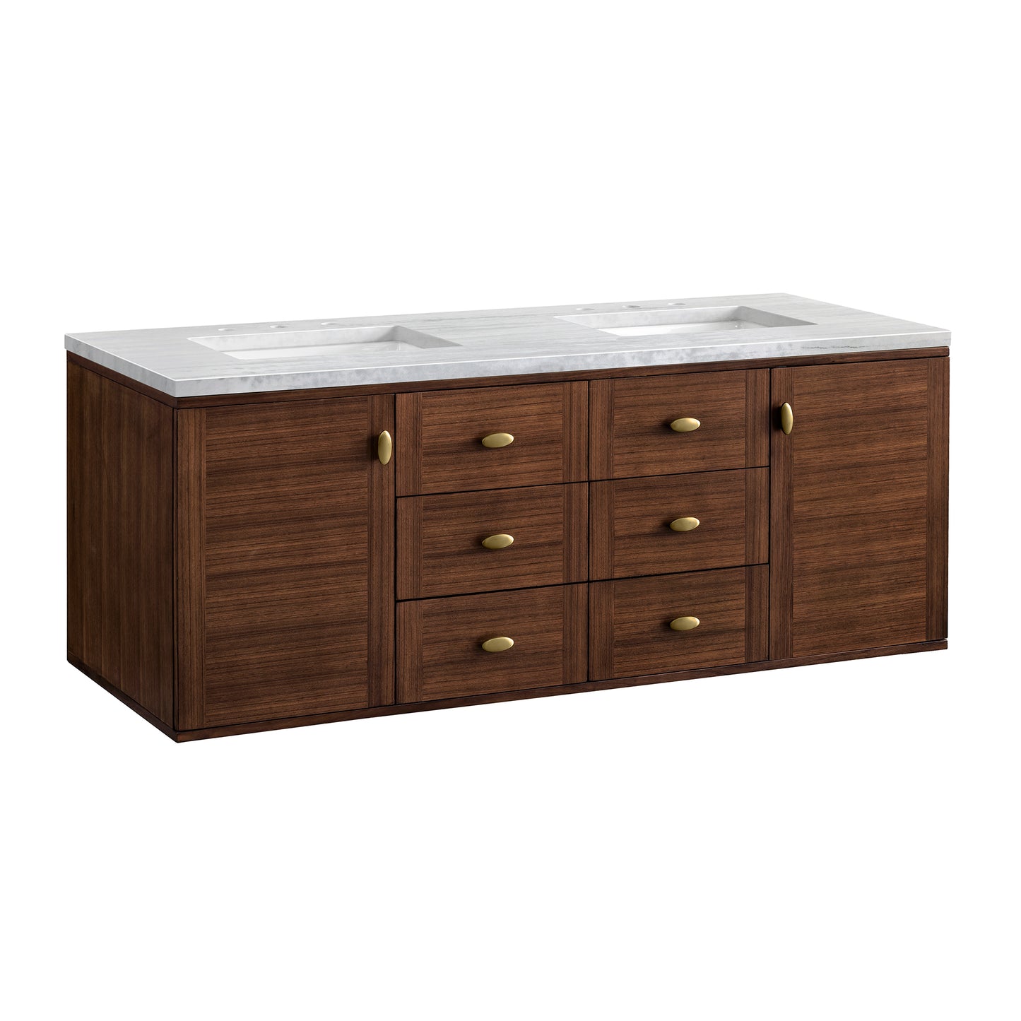 Amberly 60" Double Vanity, Mid-Century Walnut w/ 3 CM Arctic Fall Top