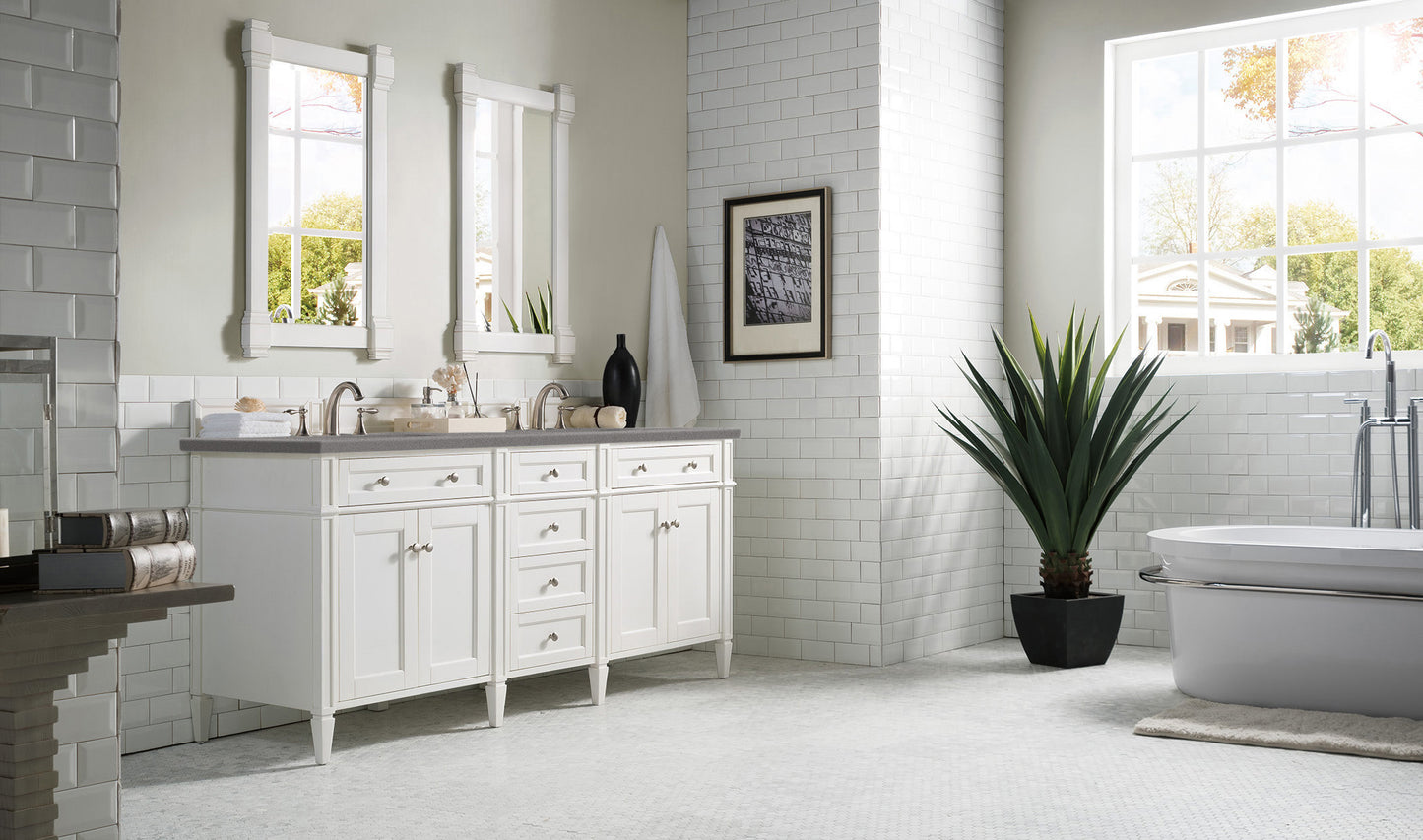 Brittany 72" Double Vanity, Bright White Vanity w/ 3 CM Grey Expo Quartz Top