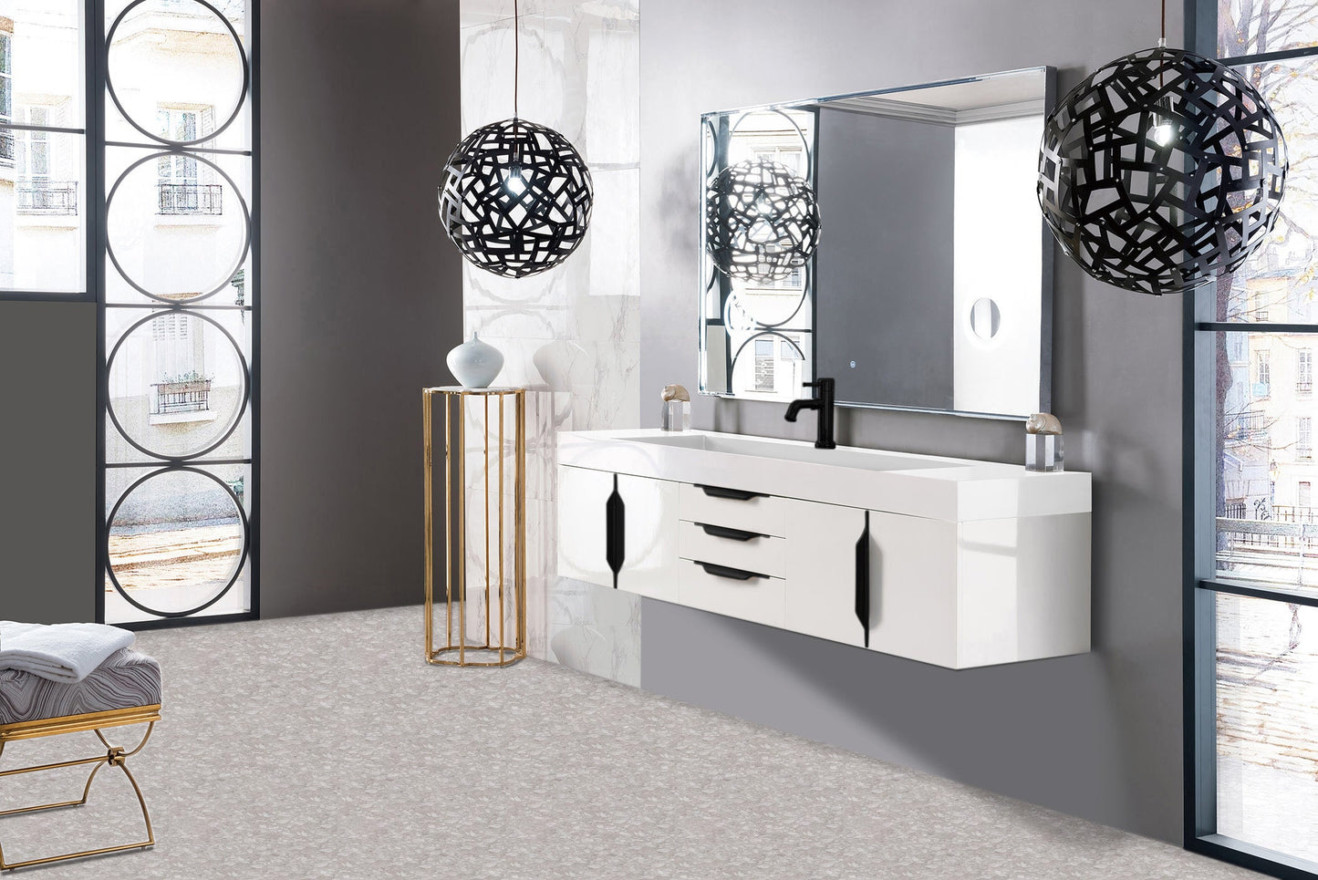 Mercer Island 72" Single Vanity, Glossy White, Matte Black w/ Glossy White Composite Stone Top