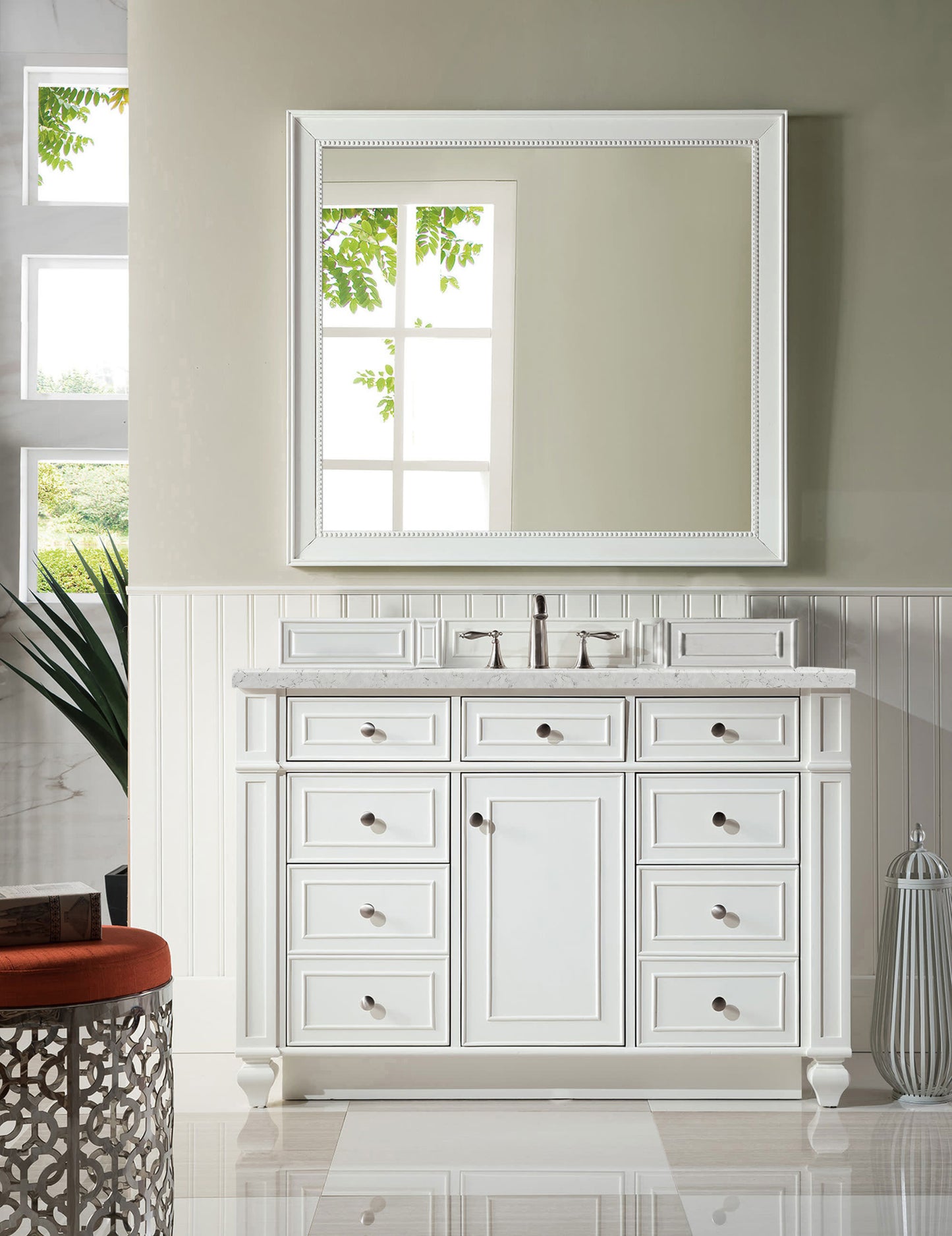 Bristol 48" Single Vanity, Bright White w/ 3 CM Eternal Jasmine Pearl Quartz Top