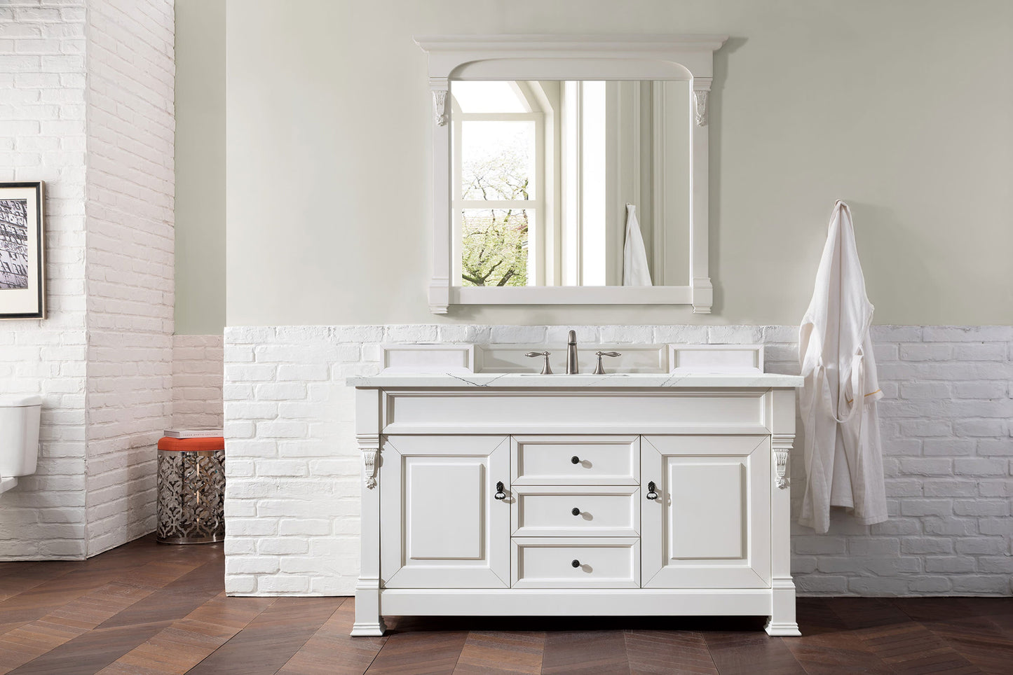 Brookfield 60" Single Vanity, Bright White w/ 3 CM Ethereal Noctis Quartz Top