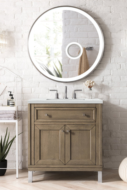 Chicago 30" Single Vanity, Whitewashed Walnut w/ 3 CM Ethereal Noctis Quartz Top